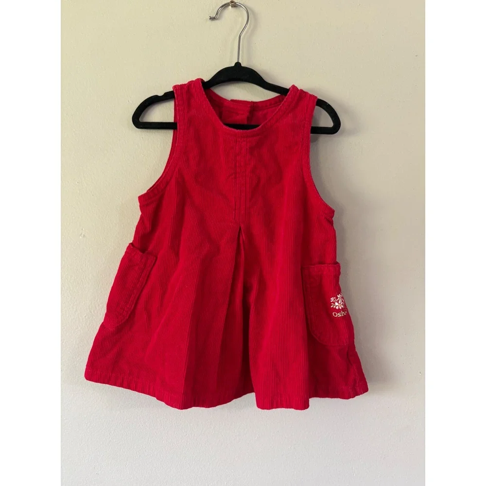 Vintage OshKosh Bgosh Red Corduroy Jumper Dress Floral 12M Made in Canada